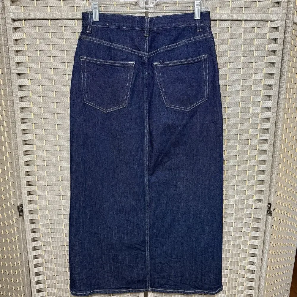 & Other Stories Midi Denim Pencil Skirt Size 4 Dark Wash Blue Deep V Front Slit